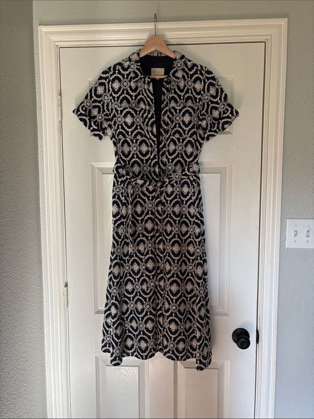Deep Navy Blue and Ecru Embroidered Shirt Dress